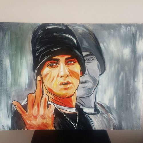 Eminem painting new, oil on plywood with autograph