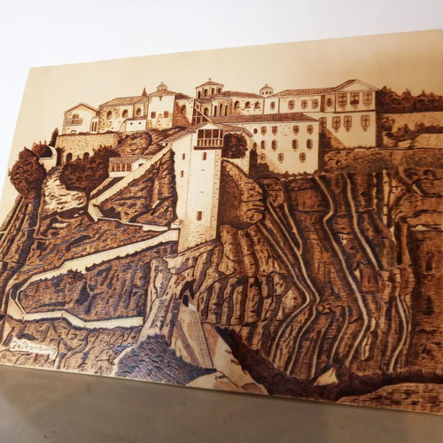 Meteora Pyrography Painting new, linden wood, Triantafyllos Xanthopoulos