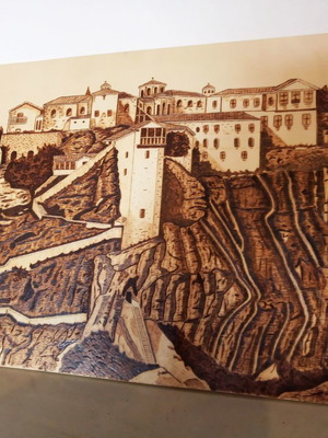 Meteora Pyrography Painting new, linden wood, Triantafyllos Xanthopoulos