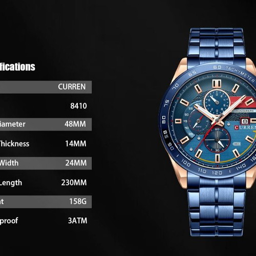 Ρολόι Curren Luxury Chronograph καινούργιο, μπλε και χρυσαφί