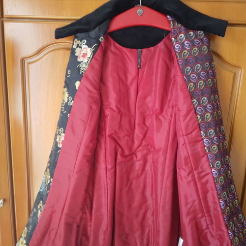 Black corduroy/velvet coat like new, size L/XL with colorful designs