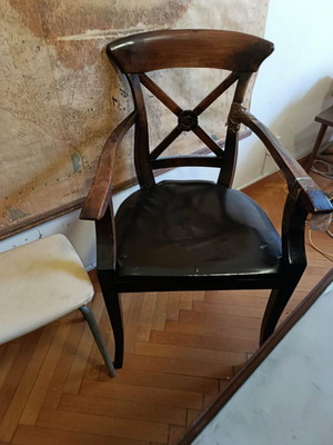Wooden armchair used with leatherette seat and decorative back