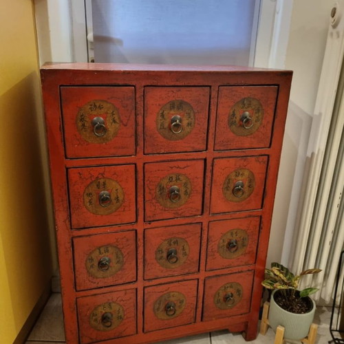 Antique Chinese drawer cabinet used, 12 compartments for medicine or tea