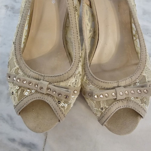 Tulipano women's peep-toe sandals used, size 38, beige with lace and sequins