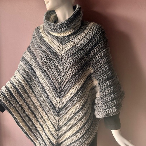 Handmade knitted poncho with turtleneck made to order, gray and white