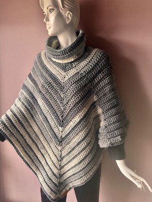 Handmade knitted poncho with turtleneck made to order, gray and white