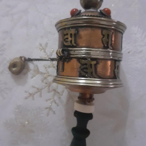 Tibetan Prayer Wheel like new with wooden handle and copper