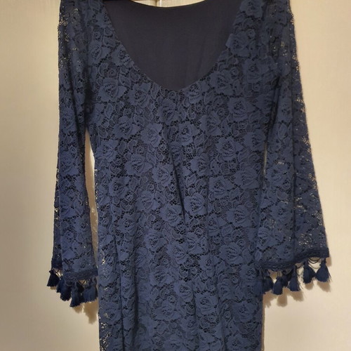 Iso blue lace dress long-sleeve with fringes like new