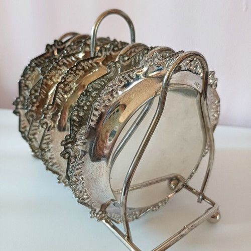 Set of 6 silver-plated round carved coasters with stand new