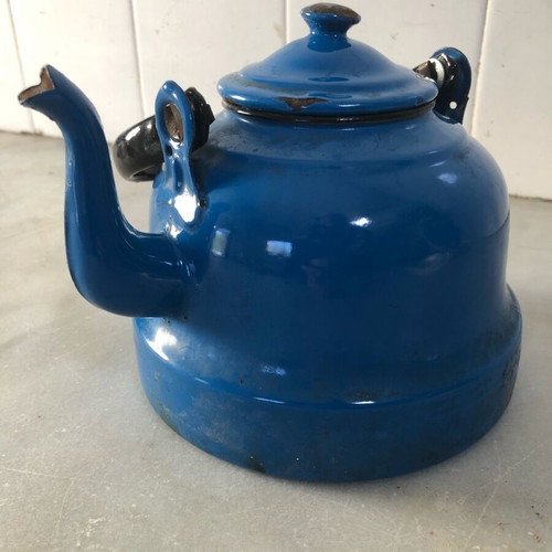 Enamel cookware set used, teapot and pot
