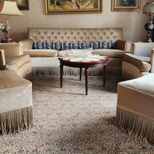 Velvet vintage sofa set used with three-seat couch and 4 armchairs