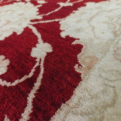 Persian Rug classic style with deep burgundy and beige floral motifs like new