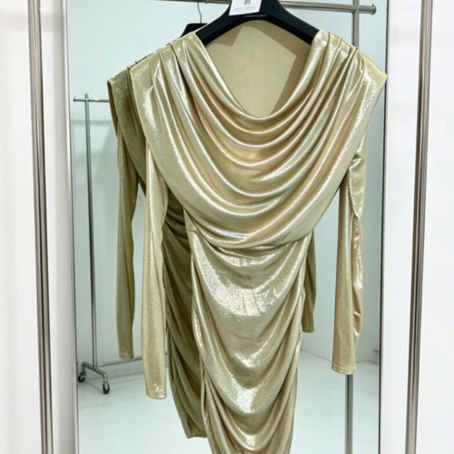 Gold dress with draped neckline, new, one size to large