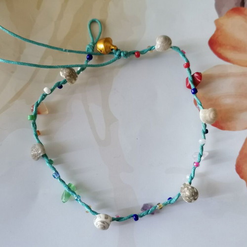 Handmade anklet new with shells, colorful beads and turquoise waxed thread