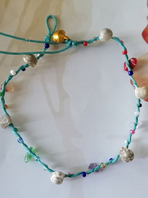 Handmade anklet new with shells, colorful beads and turquoise waxed thread