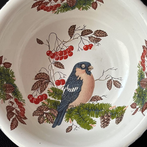 Vintage enamel bowl USSR with bullfinch design, 18cm, like new