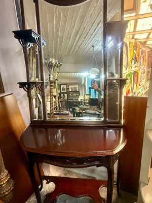 Ar Nouveau console with mirror like new, carved wood, 1920-30 era