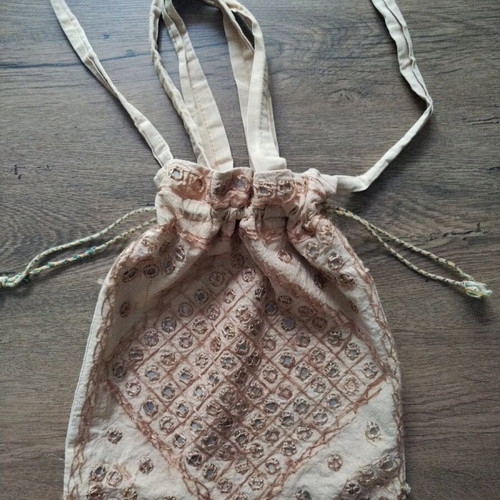 Boho/ethnic fabric embroidered bag-pouch used, beige