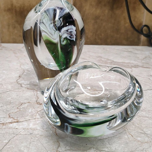 Vintage glass set Jiří Šuhájek used, vase and ashtray