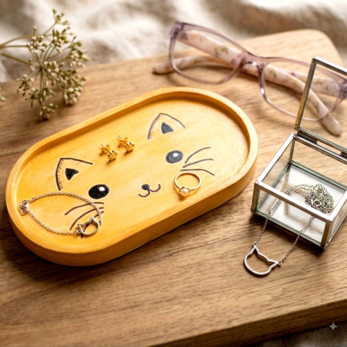 Handmade ceramic tray with cat design for glasses or jewelry