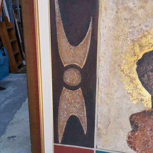 Signed painting by F. Kappos used, modern abstract artwork with two figures