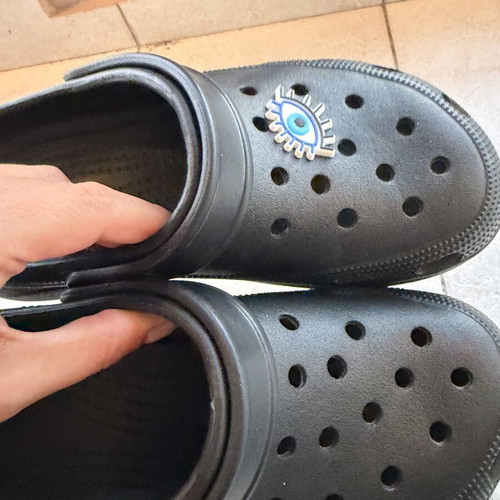 Black clogs slippers with decorative eye charm, like new, size 37/38