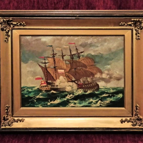 Signed oil painting Naval Battle framed like new
