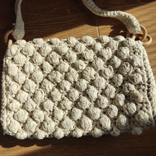Zara crochet bag beige shoulder used, boho chic wooden details