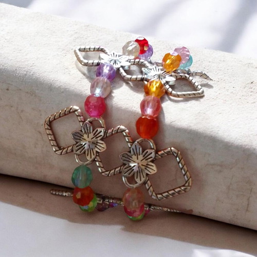 Handmade double bracelet 2 in 1 with colorful beads and silver elements elastic