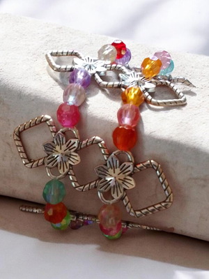 Handmade double bracelet 2 in 1 with colorful beads and silver elements elastic