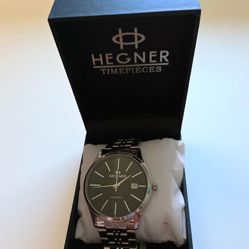 Hegner men's wristwatch new with black dial and silver bracelet