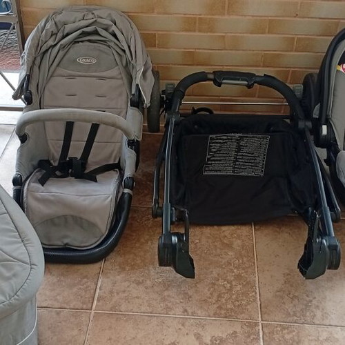 Graco 3-in-1 stroller used with carrycot, footmuff, and rain cover