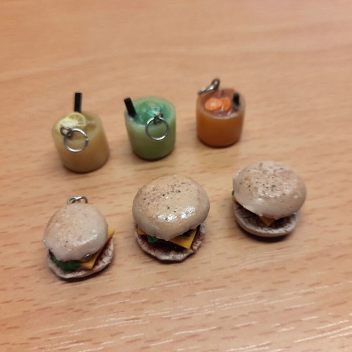 Handmade polymer clay charms new, miniature drinks and burgers