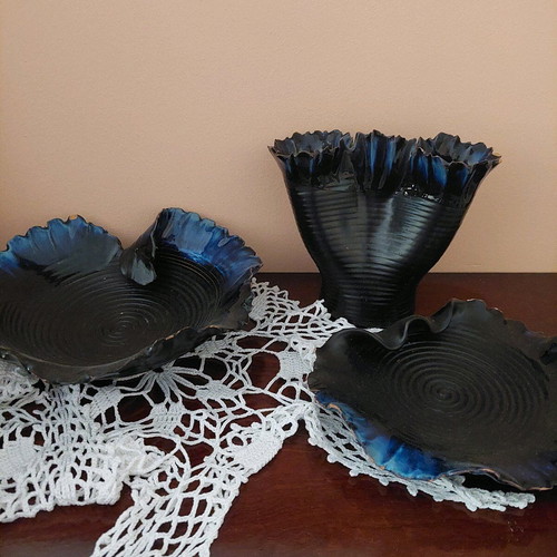 Set of 3 used clay decorative items with porcelain, blue-light blue-black