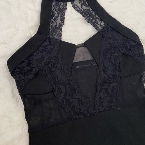 Black Lace Trim High Neck Sheer Top Bodycon Dress Pretty Little Thing like new