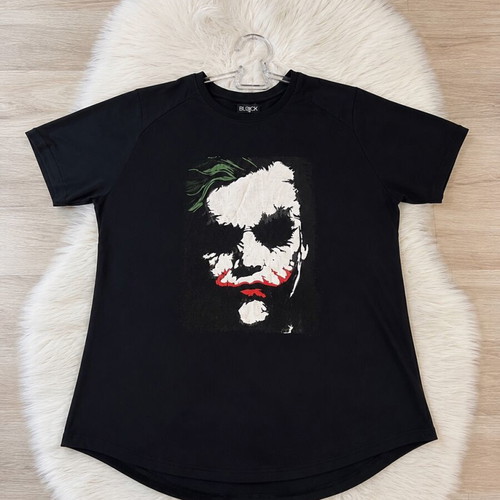 Men's black t-shirt with Joker print, rounded hem