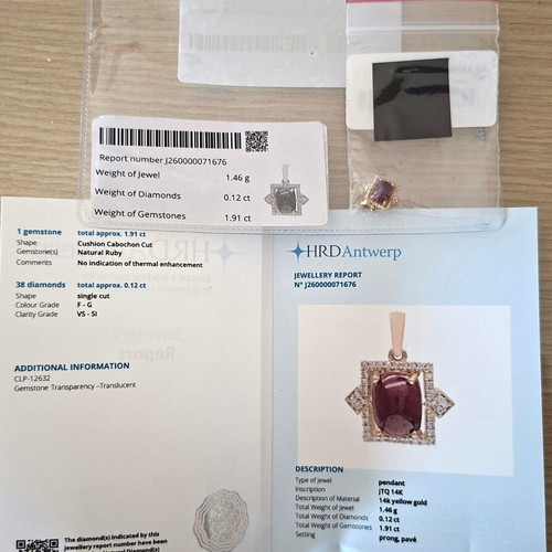 Pendant 14K gold with natural ruby and diamonds HRD Antwerp new