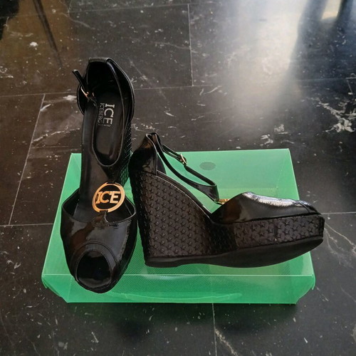Iceberg sandals used, black patent platform wedges, size 38