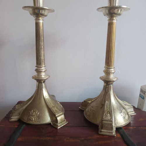 Antique candlesticks used, set of 2, 33 cm height