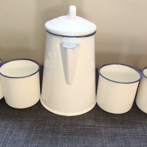 Vintage enamel coffee set with original box, pot and 4 mugs