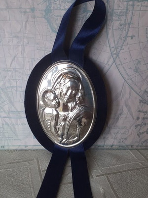 Silver decorative icon Panagitsa for baby cradle like new with blue velvet