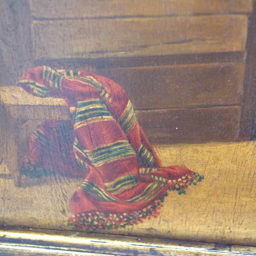 Antique Spanish Tavern Scene Oil Painting on Wooden Panel used