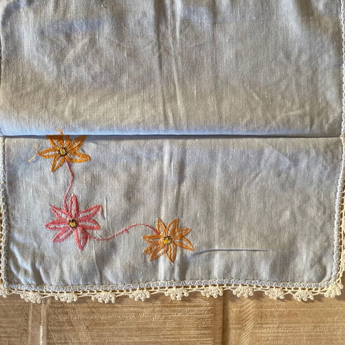 Handmade table runner with two napkins new, embroidered with lace