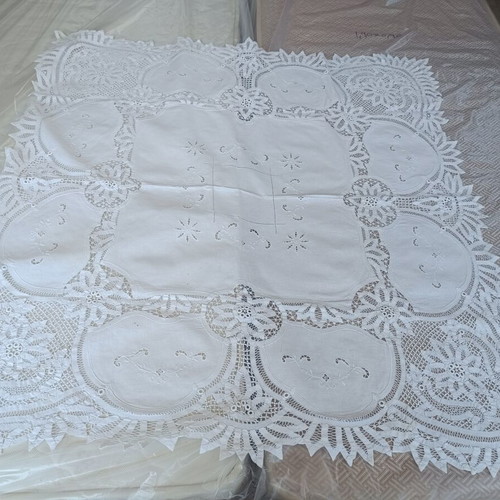 Vintage handmade embroidered tablecloth used, 1.28×1.24m, cutwork lace