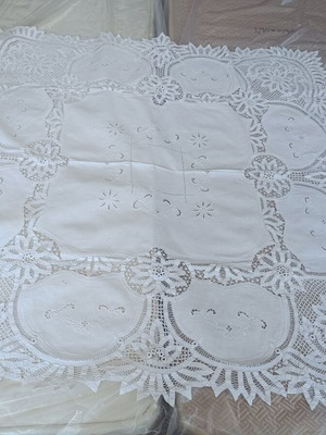 Vintage handmade embroidered tablecloth used, 1.28×1.24m, cutwork lace