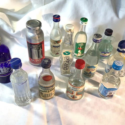 Ouzo used, set of 11 different miniatures from all over Greece