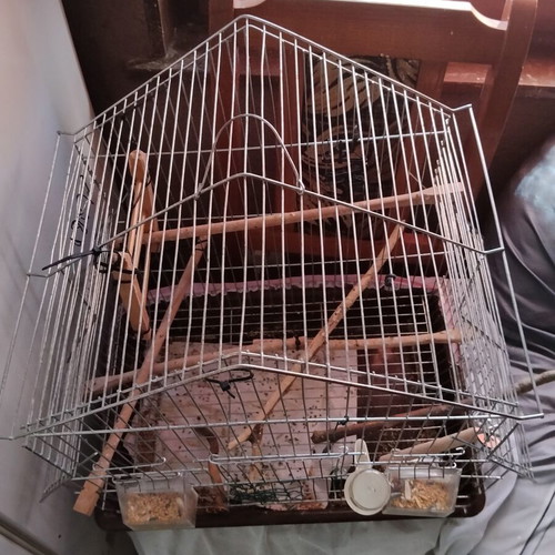 Birdcage for small and medium birds with house-shaped roof and accessories