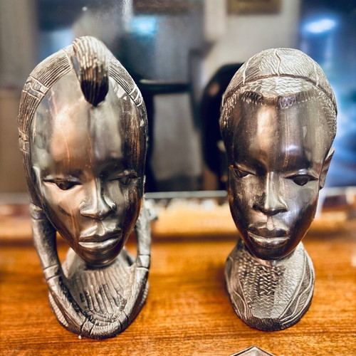 Pair of Handmade African Busts used, ebony, 1970s