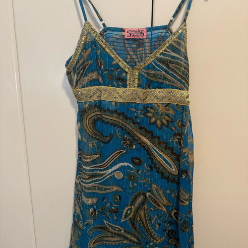Celia Kritharioti 5226 vintage mini dress blue gold shiny, like new