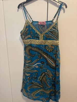 Celia Kritharioti 5226 vintage mini dress blue gold shiny, like new